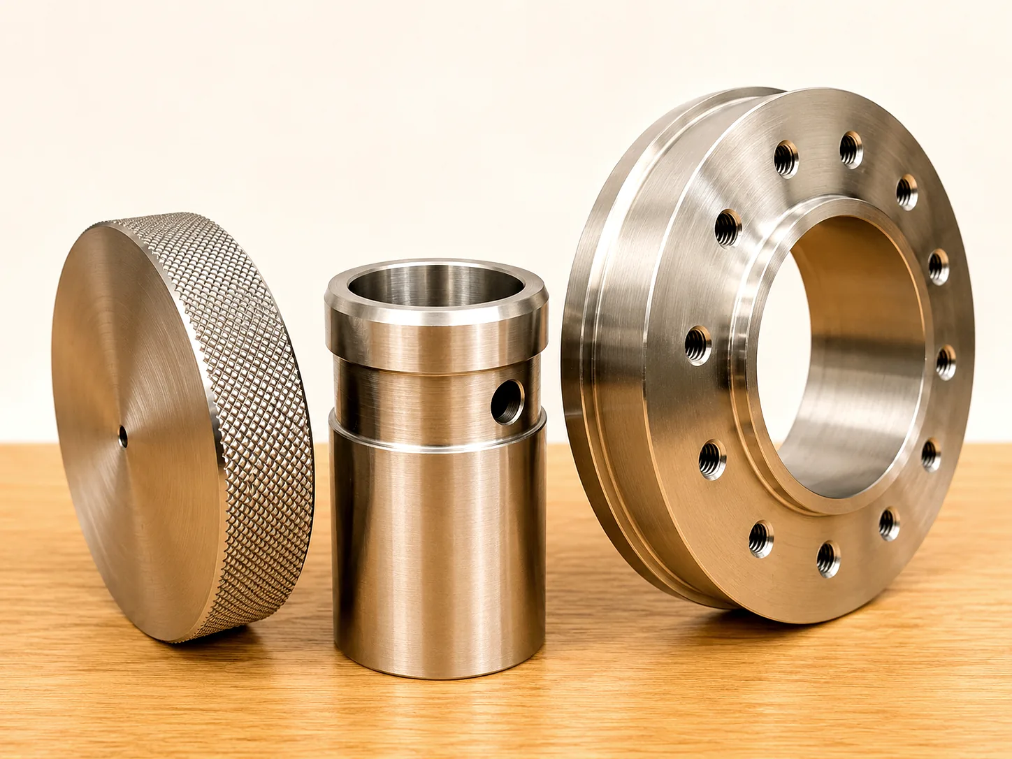 Precision-machined flanged ring with bolt pattern, knurled adjustment wheel and cylindrical housing, Padco Engineering