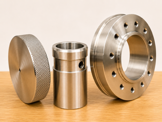 Large stainless steel flanged ring with bolt pattern, knurled adjustment wheel and cylindrical housing, Padco Engineering