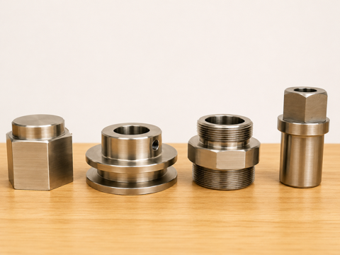 Stainless steel CNC turned fittings — hex plug, flanged bush, threaded adaptor and socket, Padco Engineering